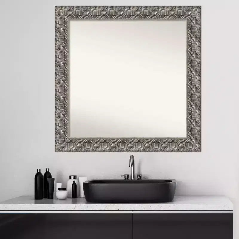 Miroir mural de salle de bain Silver Wood : carré moderne, fixations incluses