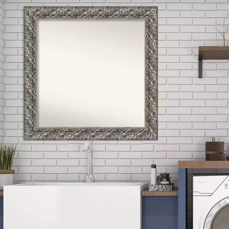 Miroir mural de salle de bain Silver Wood : carré moderne, fixations incluses