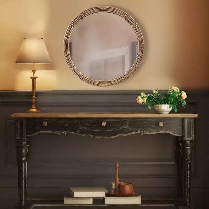 Miroir Mural Rond en Rotin Naturel : Décor Nautique Tressé à la Main, Aucun Assemblage Requis