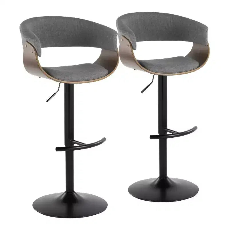 Set of 2 Vintage Modern Adjustable Barstools Black/Walnut/Light Gray - LumiSource: Swivel Upholstered Metal Base
