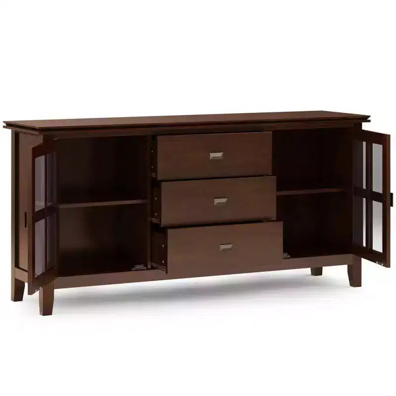 Large Stratford Sideboard Buffet Russet Brown - WyndenHall: Solid Hardwood 3 Drawers 2 Cabinets
