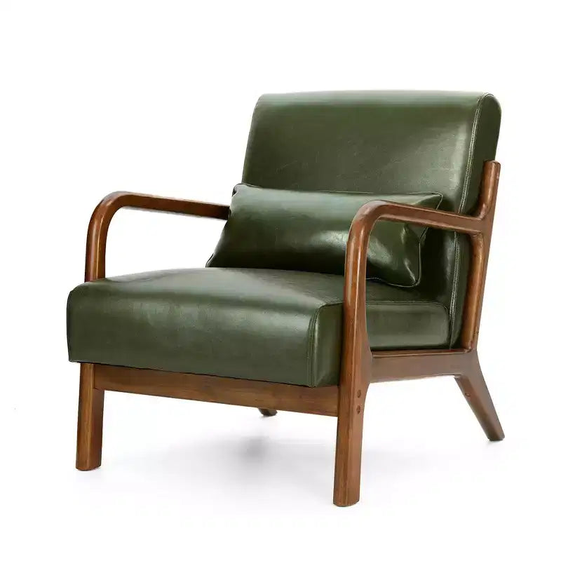 Fauteuil d'appoint Mid-Century Modern en similicuir avec cadre en bois d'hévéa couleur noyer - Vert chasseur