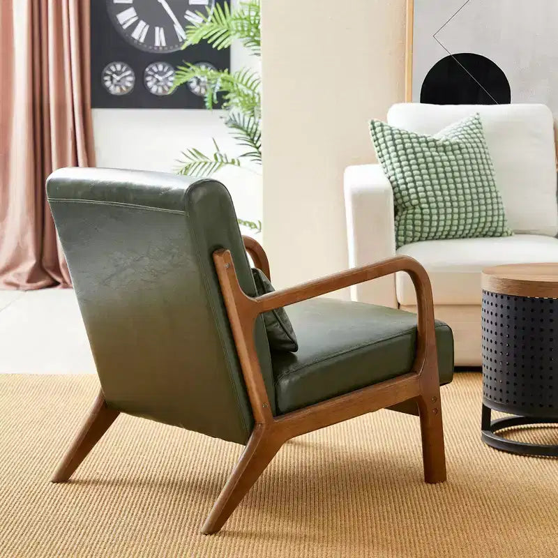 Fauteuil d'appoint Mid-Century Modern en similicuir avec cadre en bois d'hévéa couleur noyer - Vert chasseur