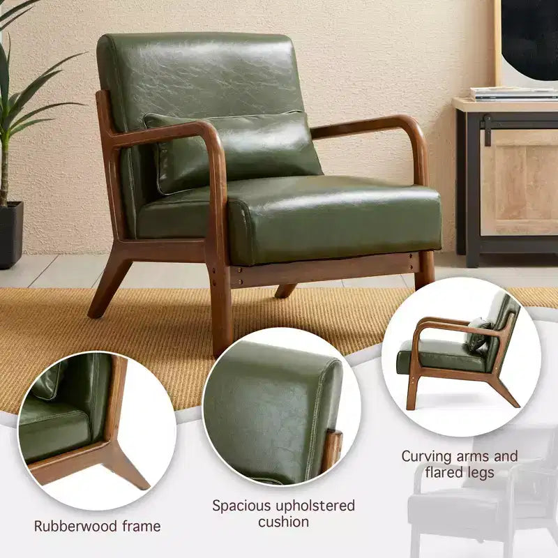 Fauteuil d'appoint Mid-Century Modern en similicuir avec cadre en bois d'hévéa couleur noyer - Vert chasseur