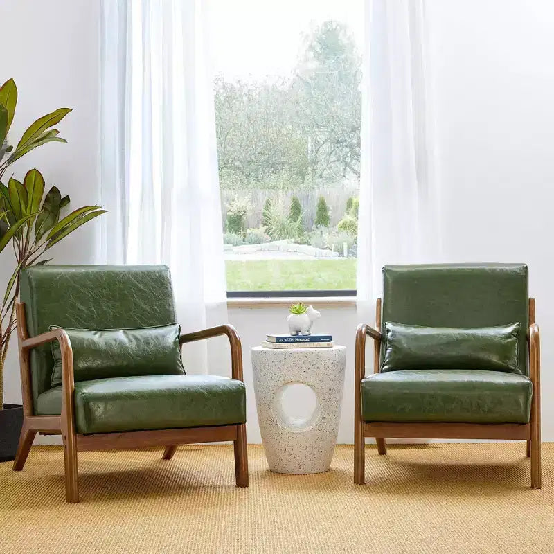 Fauteuil d'appoint Mid-Century Modern en similicuir avec cadre en bois d'hévéa couleur noyer - Vert chasseur