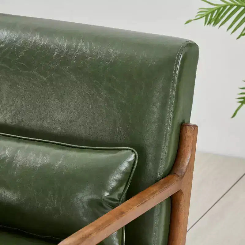 Fauteuil d'appoint Mid-Century Modern en similicuir avec cadre en bois d'hévéa couleur noyer - Vert chasseur