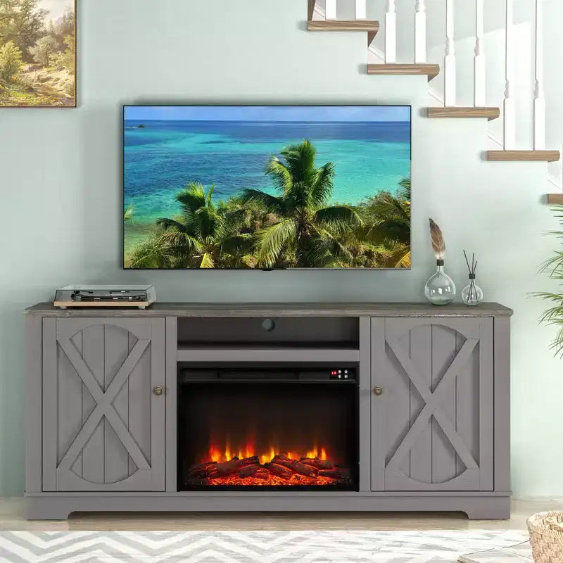 Meuble TV de ferme pour téléviseurs jusqu'à 70'' avec foyer électrique et armoires de rangement