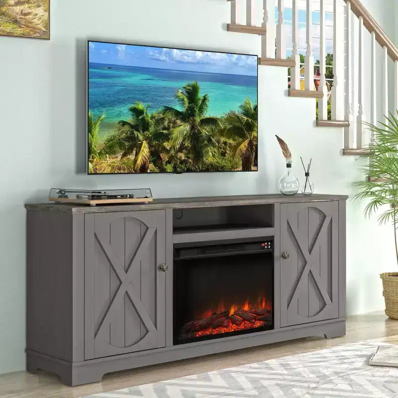 Meuble TV de ferme pour téléviseurs jusqu'à 70'' avec foyer électrique et armoires de rangement