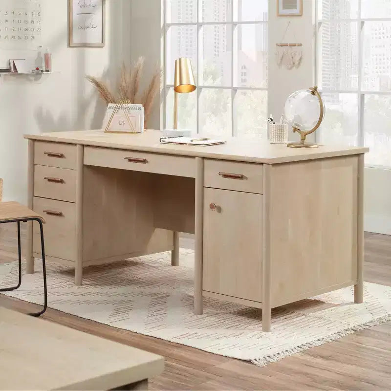 Bureau de direction en érable naturel : Meuble de bureau à domicile avec rangement et tablette coulissante pour clavier