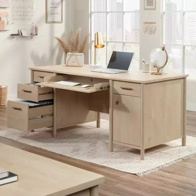 Bureau de direction en érable naturel : Meuble de bureau à domicile avec rangement et tablette coulissante pour clavier