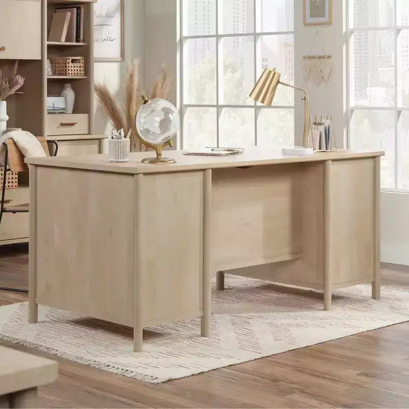 Bureau de direction en érable naturel : Meuble de bureau à domicile avec rangement et tablette coulissante pour clavier