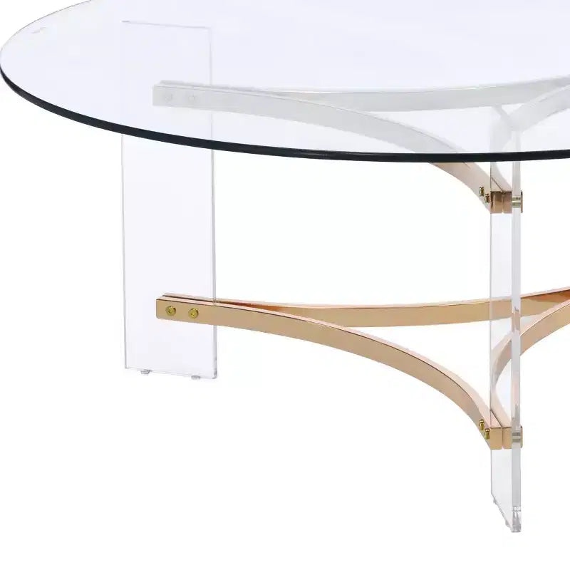 Table Basse Finition Dorée : Plateau Rond en Verre Trempé, Compartiment de Rangement, Structure en Métal Thermolaqué
