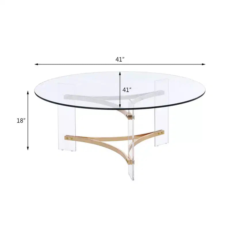 Table Basse Finition Dorée : Plateau Rond en Verre Trempé, Compartiment de Rangement, Structure en Métal Thermolaqué