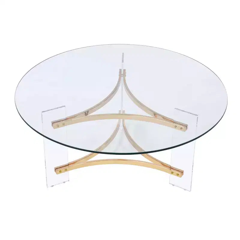 Table Basse Finition Dorée : Plateau Rond en Verre Trempé, Compartiment de Rangement, Structure en Métal Thermolaqué