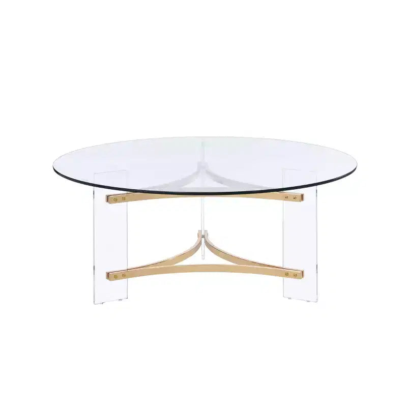 Table Basse Finition Dorée : Plateau Rond en Verre Trempé, Compartiment de Rangement, Structure en Métal Thermolaqué