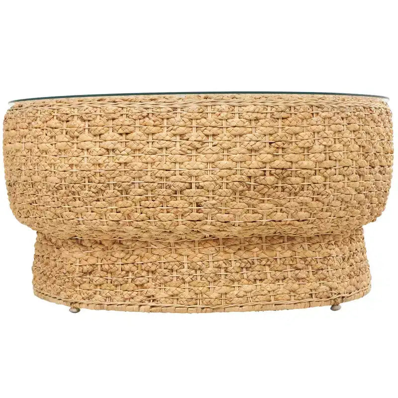 Table basse conique tissée à la main avec plateau en verre marron : Style nautique côtier, aucun assemblage requis