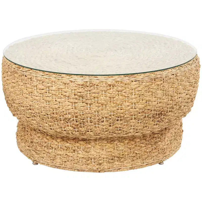 Table basse conique tissée à la main avec plateau en verre marron : Style nautique côtier, aucun assemblage requis