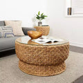 Table basse conique tissée à la main avec plateau en verre marron : Style nautique côtier, aucun assemblage requis