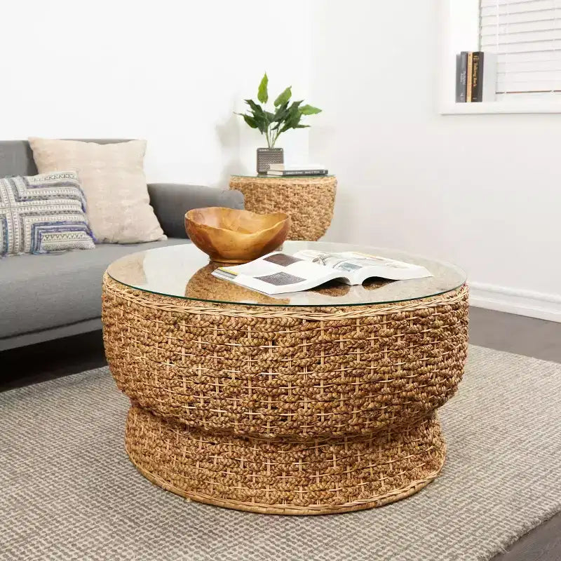 Table basse conique tissée à la main avec plateau en verre marron : Style nautique côtier, aucun assemblage requis