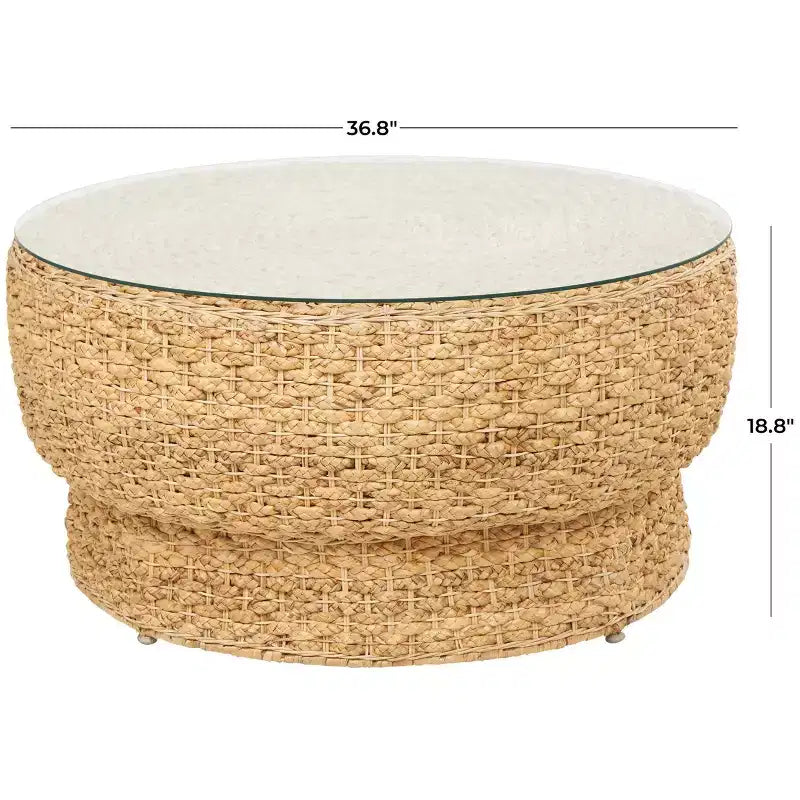 Table basse conique tissée à la main avec plateau en verre marron : Style nautique côtier, aucun assemblage requis