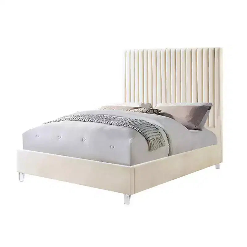 Acme Furniture 86" Queen Bed Edzia Bed Beige Velvet: Luxurious Upholstered Panel Wood Frame Acrylic Textile