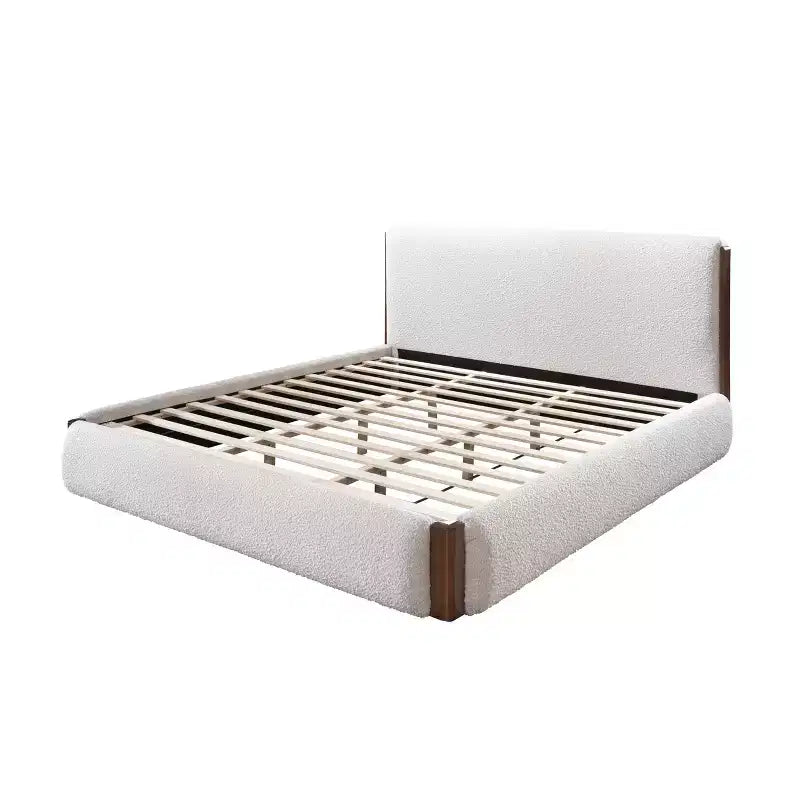 88.98" Queen Bed Sandro Bed White Boucle & Walnut Finish - Acme Furniture: Linen Upholstery Chrome Frame No Tools Assembly