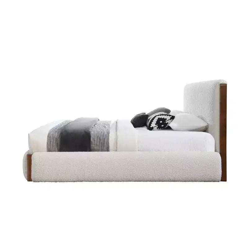 Lit Lit Bouclé blanc ; finition noyer - : Revêtement lin Cadre chromé Montage sans outils