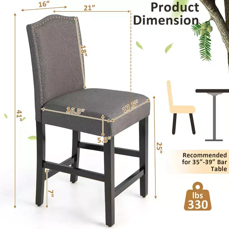 Costway Lot de 2 tabourets de bar rembourrés de 63,5 cm de hauteur de comptoir avec pieds en bois d'hévéa Gris/Beige