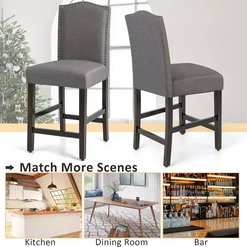 Costway Lot de 2 tabourets de bar rembourrés de 63,5 cm de hauteur de comptoir avec pieds en bois d'hévéa Gris/Beige