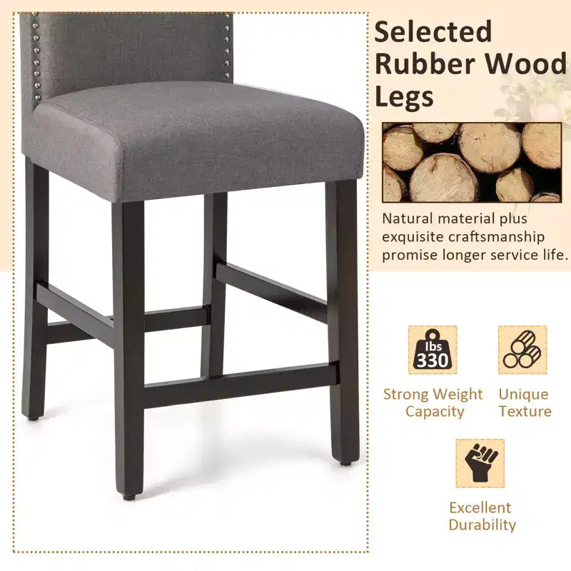 Costway Lot de 2 tabourets de bar rembourrés de 63,5 cm de hauteur de comptoir avec pieds en bois d'hévéa Gris/Beige