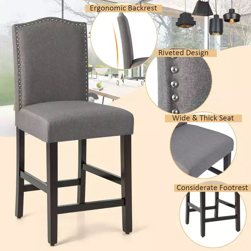 Costway Lot de 2 tabourets de bar rembourrés de 63,5 cm de hauteur de comptoir avec pieds en bois d'hévéa Gris/Beige