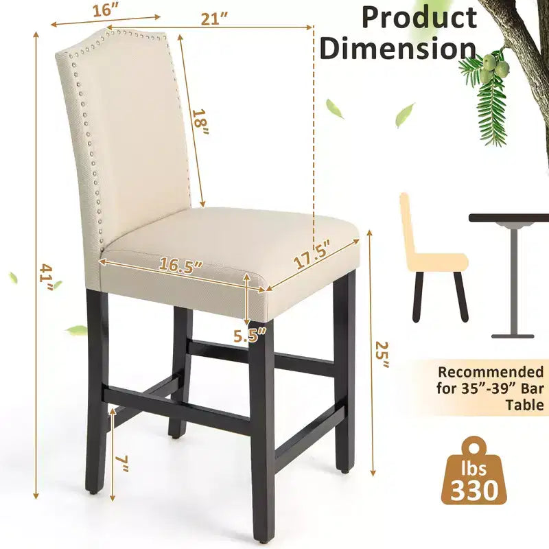 Costway Lot de 2 tabourets de bar rembourrés de 63,5 cm de hauteur de comptoir avec pieds en bois d'hévéa Gris/Beige