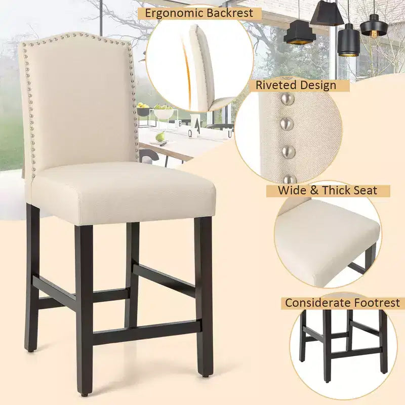 Costway Lot de 2 tabourets de bar rembourrés de 63,5 cm de hauteur de comptoir avec pieds en bois d'hévéa Gris/Beige
