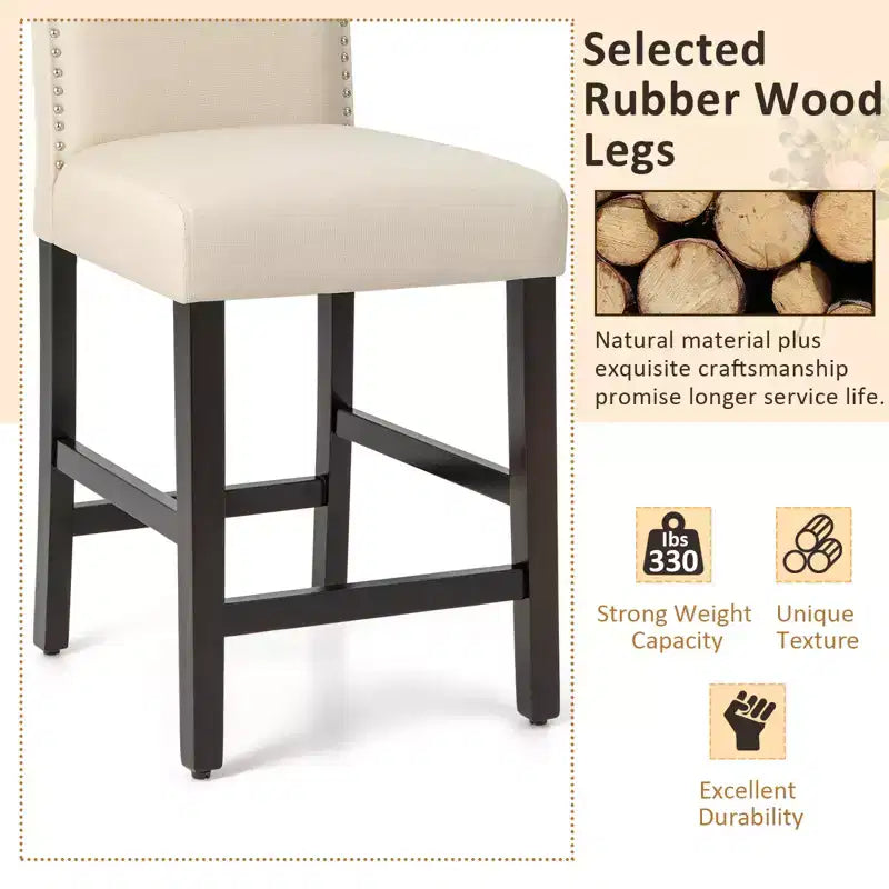 Costway Lot de 2 tabourets de bar rembourrés de 63,5 cm de hauteur de comptoir avec pieds en bois d'hévéa Gris/Beige