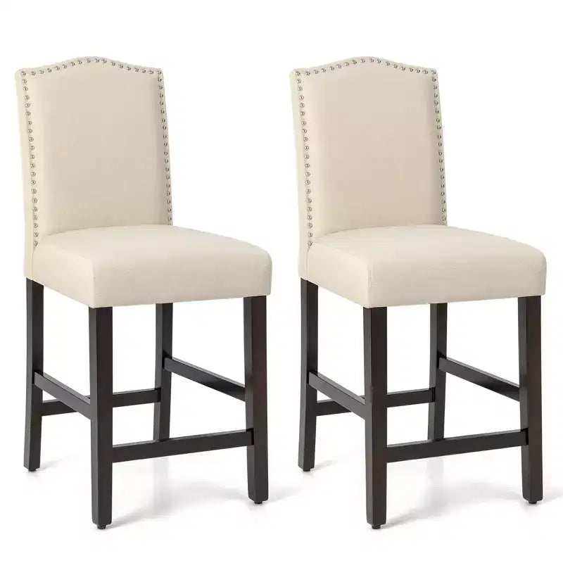 Costway Set of 2 Upholstered Bar stools 25'' Counter Height Chairs with Rubber Wood Legs Grey/Beige