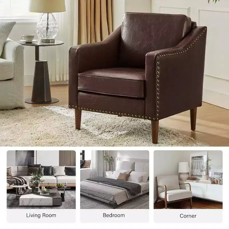 Fauteuil en cuir végétalien de transition avec coussin d'assise amovible et clous décoratifs