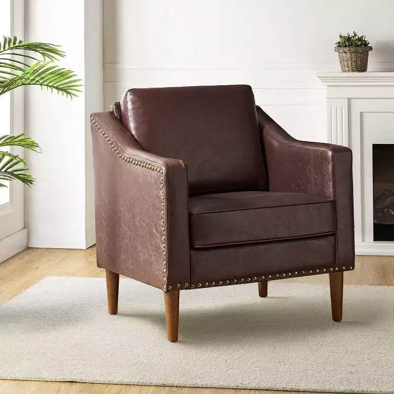Fauteuil en cuir végétalien de transition avec coussin d'assise amovible et clous décoratifs