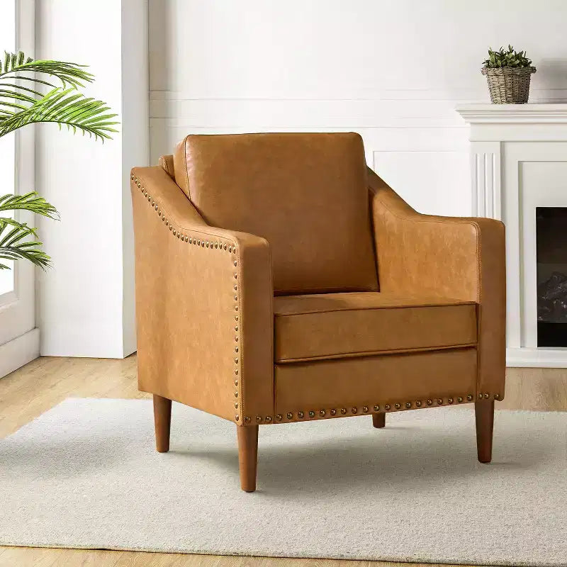 Fauteuil en cuir végétalien de transition avec coussin d'assise amovible et clous décoratifs