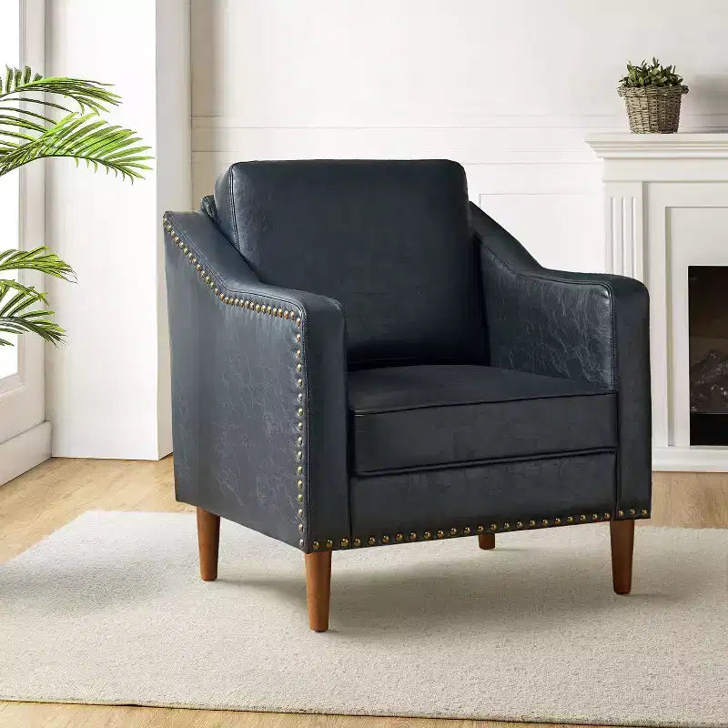 Fauteuil en cuir végétalien de transition avec coussin d'assise amovible et clous décoratifs