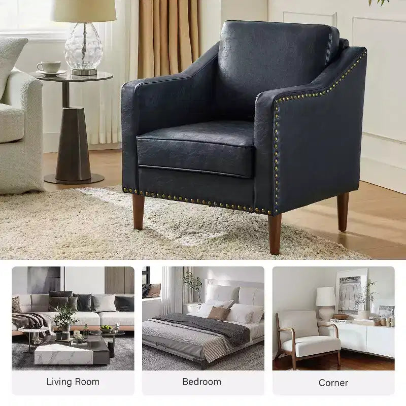 Fauteuil en cuir végétalien de transition avec coussin d'assise amovible et clous décoratifs