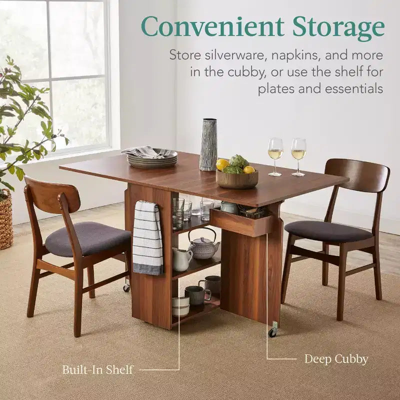 Table pliante multi-usage à roulettes avec 3 étagères de rangement et poignée