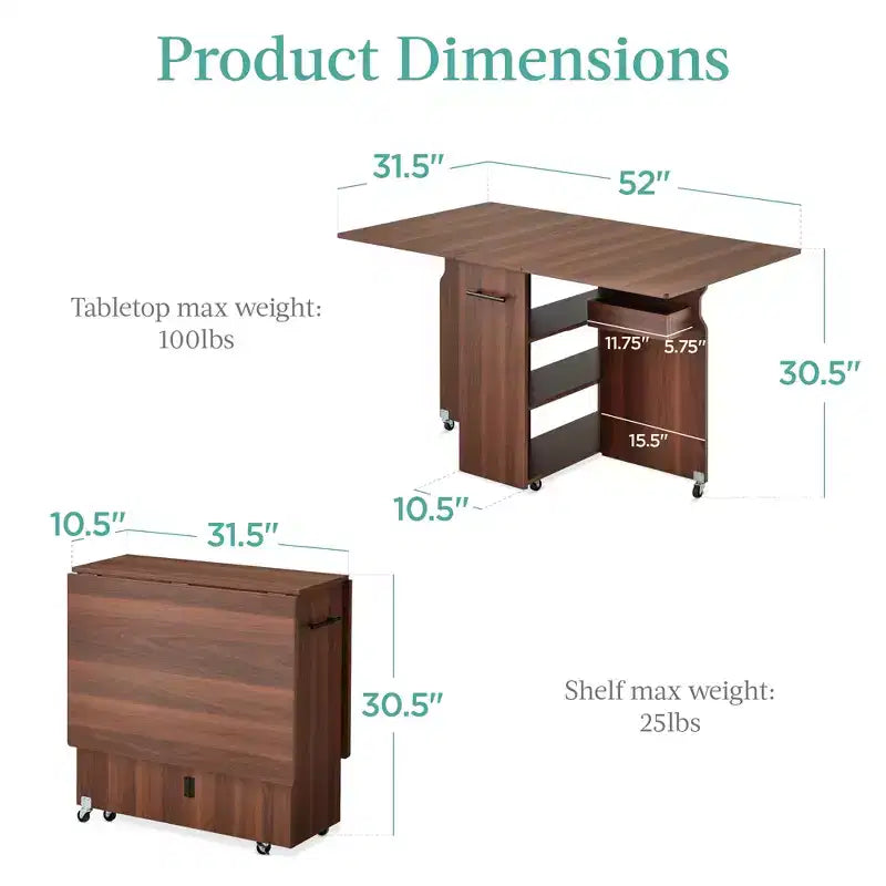 Table pliante multi-usage à roulettes avec 3 étagères de rangement et poignée