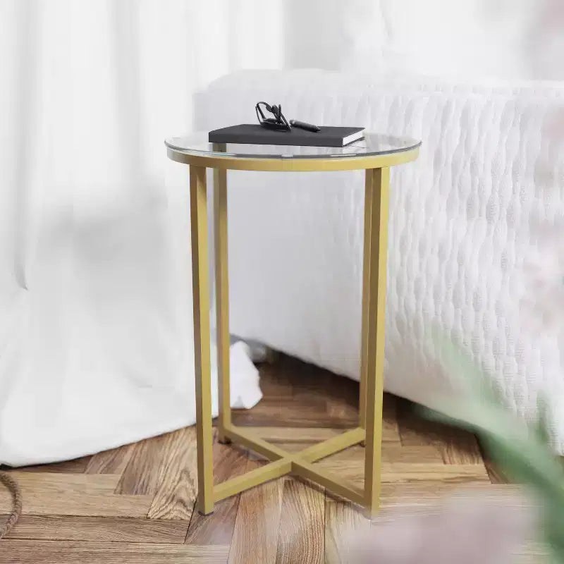 Table basse de salon en verre avec piètement en métal entrecroisé