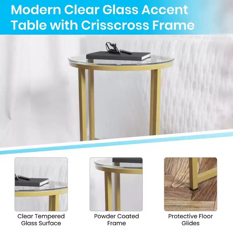 Table basse de salon en verre avec piètement en métal entrecroisé