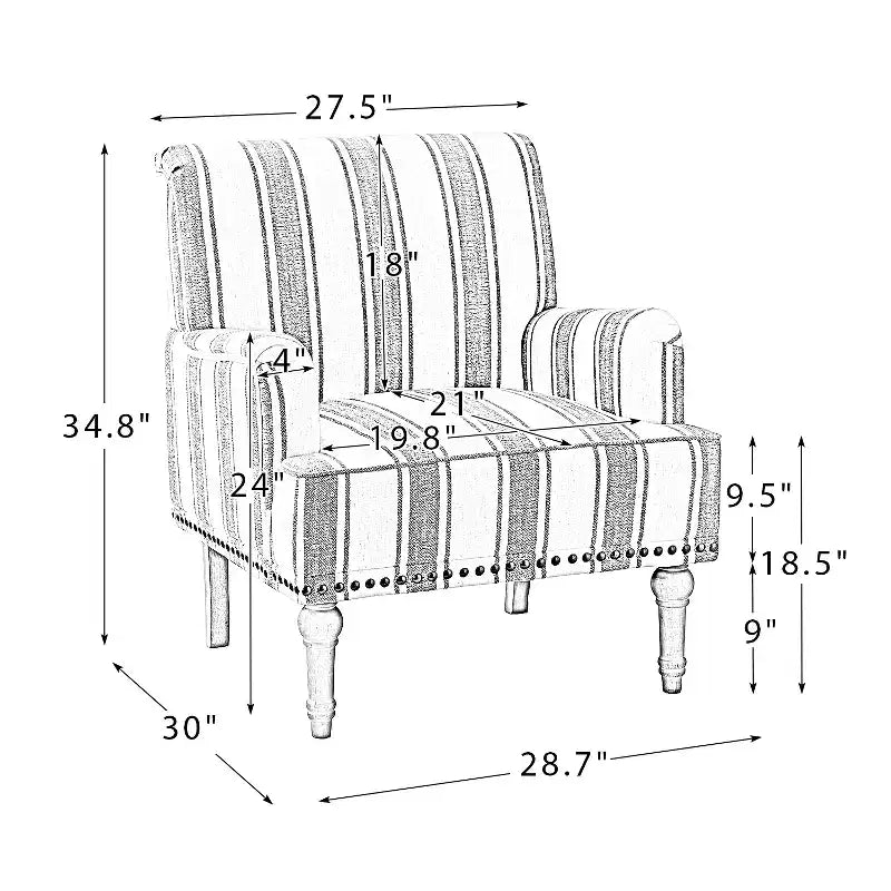 Fauteuil de chambre à coucher en bois rembourré avec garniture cloutée et motif à rayures unique