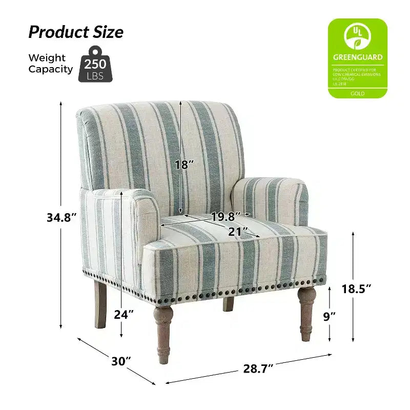 Fauteuil de chambre à coucher en bois rembourré avec garniture cloutée et motif à rayures unique