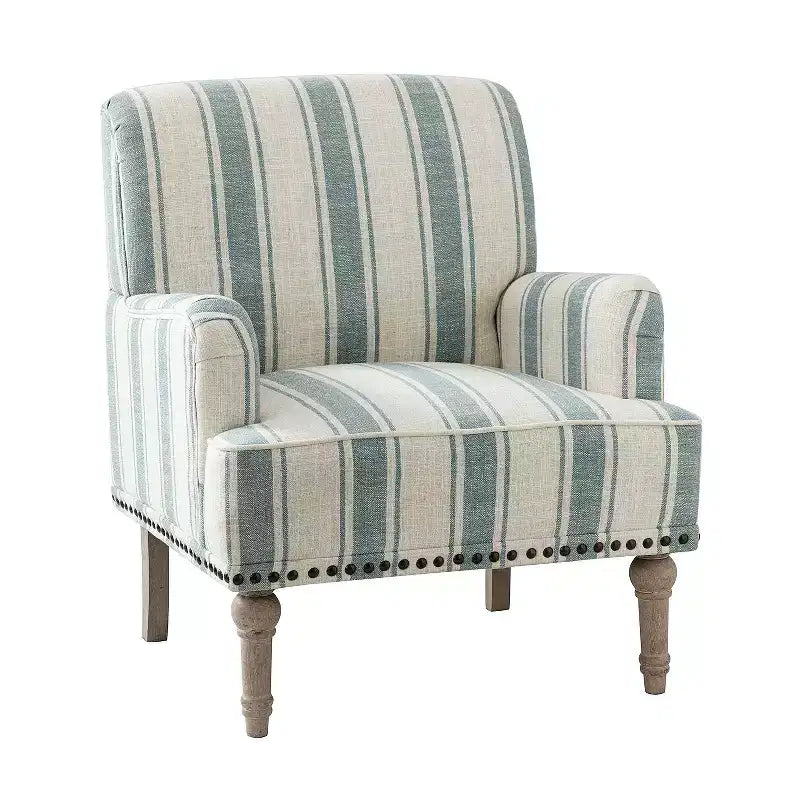 Fauteuil de chambre à coucher en bois rembourré avec garniture cloutée et motif à rayures unique