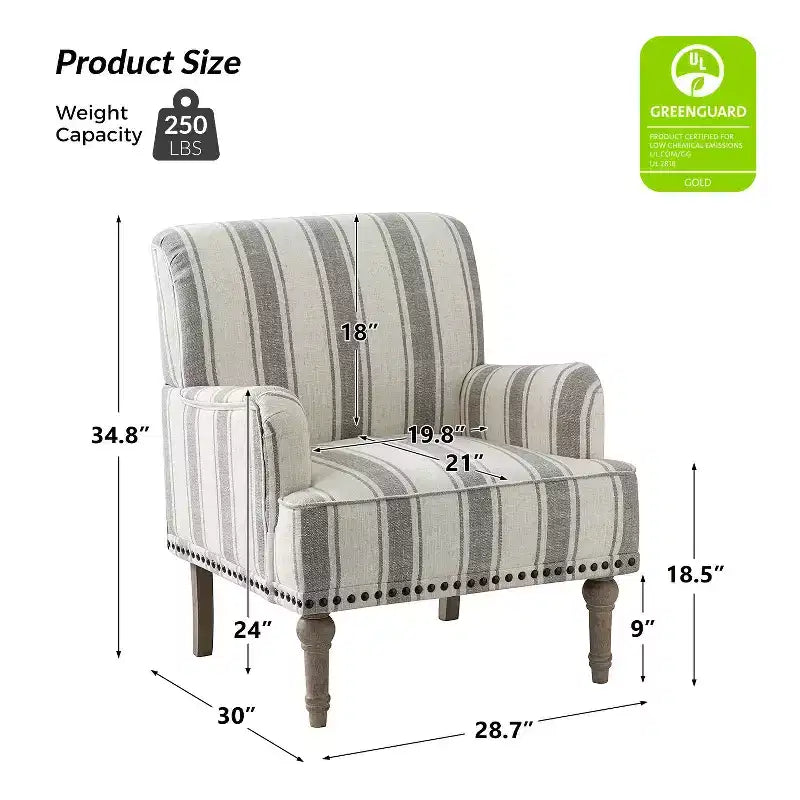 Fauteuil de chambre à coucher en bois rembourré avec garniture cloutée et motif à rayures unique