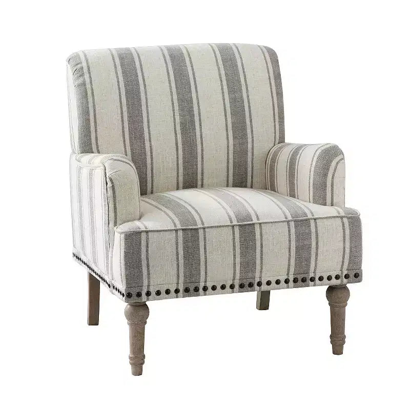 Fauteuil de chambre à coucher en bois rembourré avec garniture cloutée et motif à rayures unique