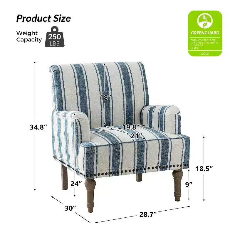 Fauteuil de chambre à coucher en bois rembourré avec garniture cloutée et motif à rayures unique